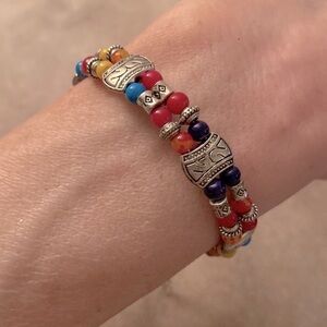 ✅Vintage Silver-tone Rainbow  Cameo Concho Red Blue Yellow Beaded Bracelet